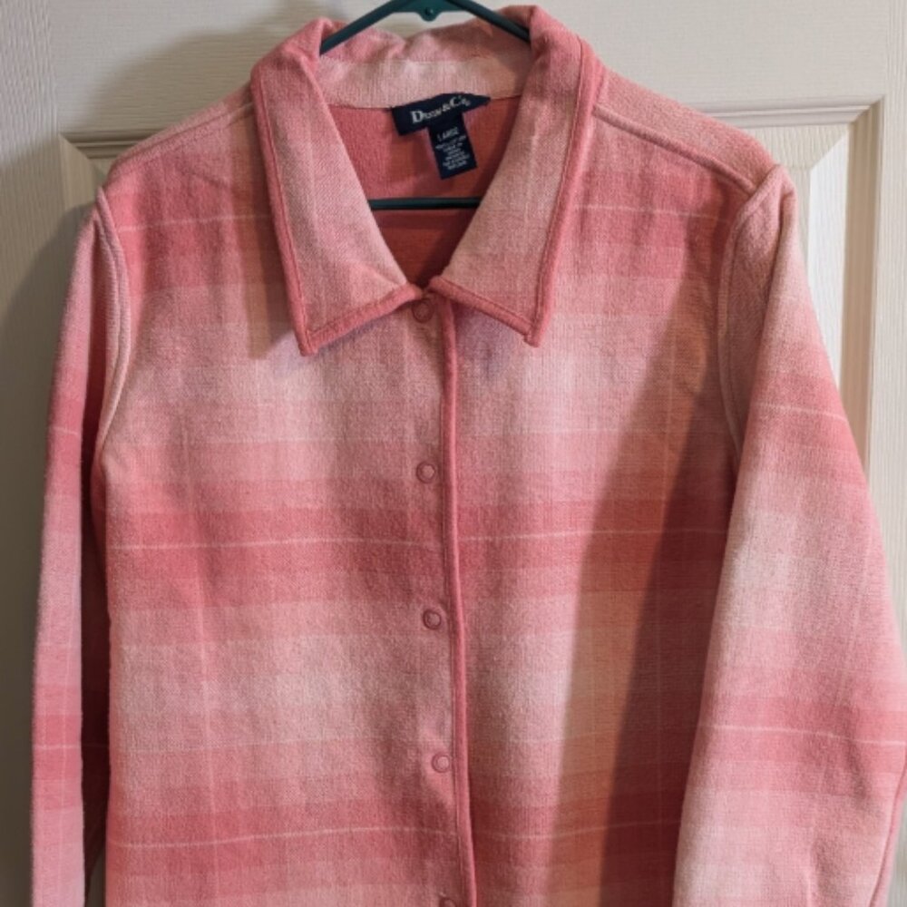 Denim & Co Womens Size Large Flannel Pink Plaid Snap Front Jacket